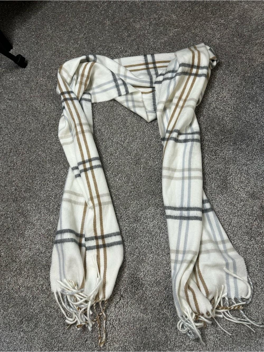Classic Plaid Fringe Scarf in Cream and Gray - Picture 2 of 3